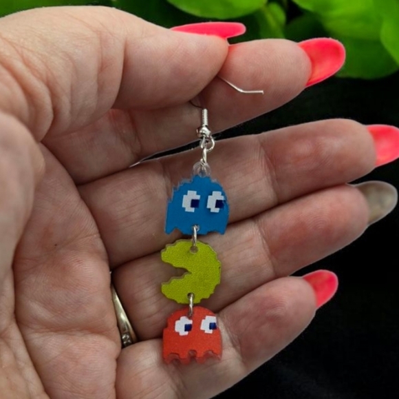 Pac-Man Arcade Game Earrings Retro Ghost Acrylic Dangle Pierced Fish Hook Gamer - Picture 2 of 5